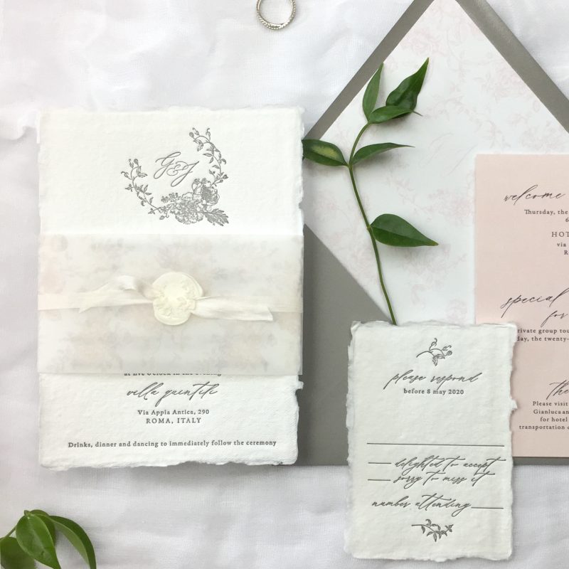 handmade paper and letterpress invitation suite